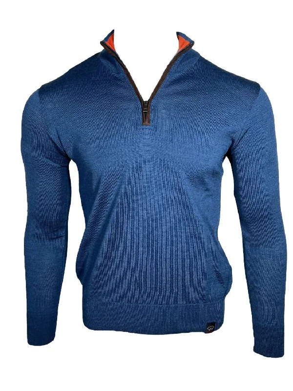 Men's 1/4 Zip Sweater With Suede Trim In Denim Casual Men's Japanese 