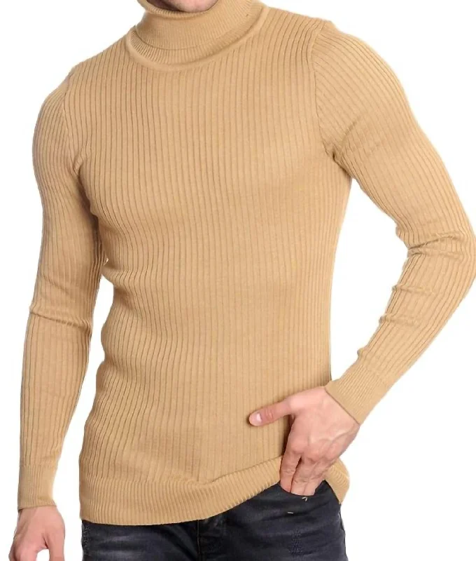 Men's Turtleneck Sweater In Dark Beige Unique Men's Upcycled