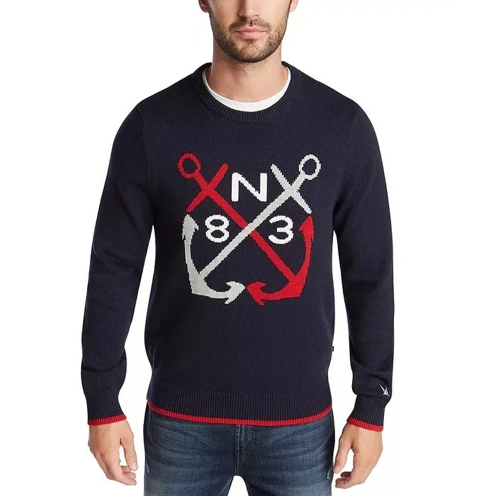 Nautica Men's Blue Sail Classic-Fit Anchor Graphic Sweater Dark Blue Size Large Trendy Men's Bucket