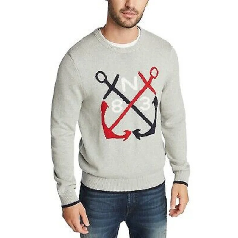 Nautica Men's Blue Sail Classic-Fit Anchor Graphic Sweater Gray Size Large Modern Men's 