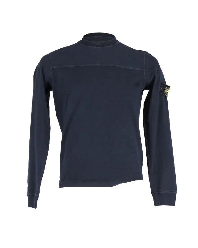 Stone Island Long Sleeve Compass Sweater in Navy Blue Cotton Refined Men's European