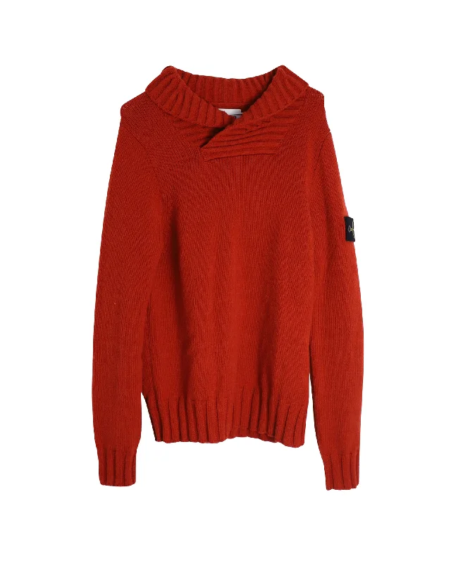 Stone Island Shawl Collar Sweater in Red Wool Cool Men's Distressed