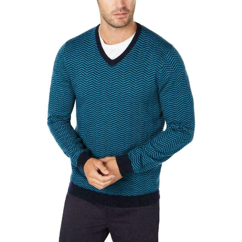 Tasso Elba Men's Merino Herringbone Sweater Blue Size Small Business