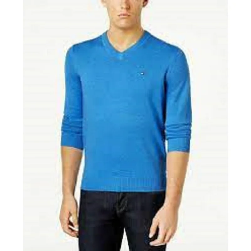 Tommy Hilfiger Men's Signature Regular-Fit Solid V-Neck Sweater Blue Size Extra Small - X-Small Stylish Men's Neon