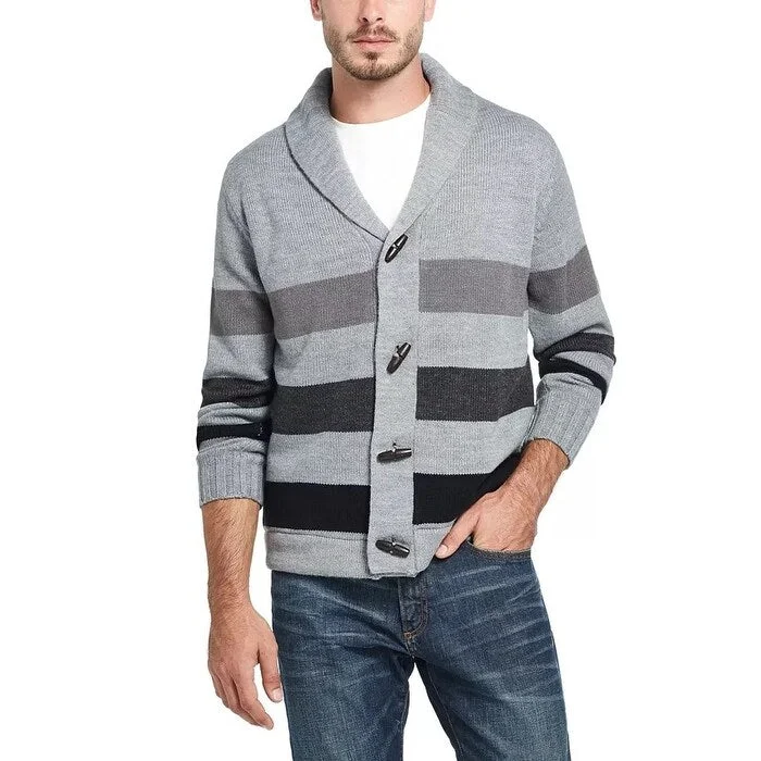 Weatherproof Vintage Men's Stripe Toggle Shawl Collar Sweater Grey Size Small Earthy Men's Hemp