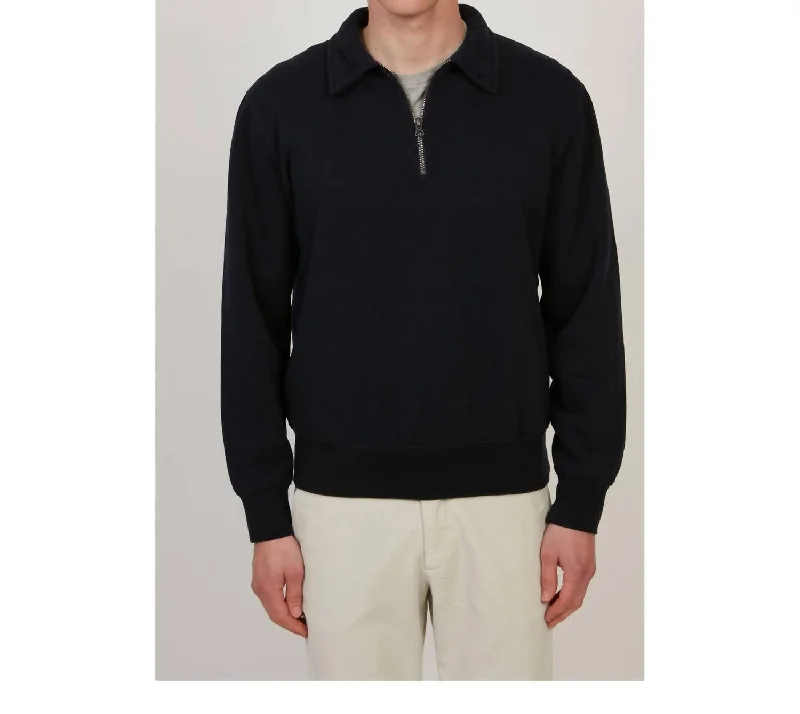 Zip Polo Sweater In Navy Masculine Men's Thick