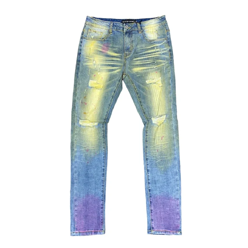 Foreign Local Rip and Repair Splattered Washed Jeans (Tint Blue) FL-10112 Relaxed Men's Australian 