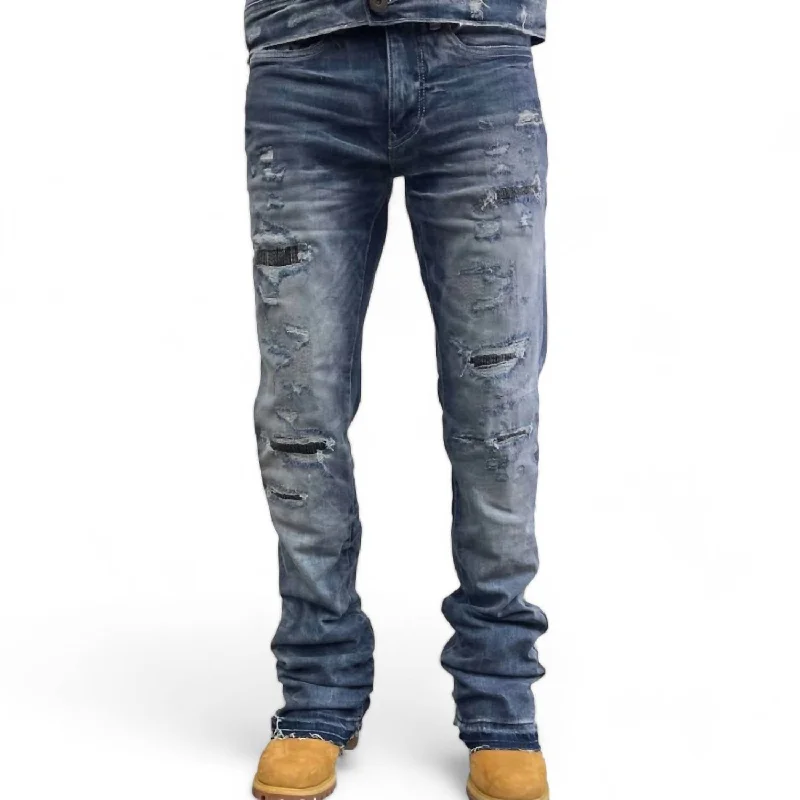 Men's Theo Slight Flare Stack Denim Jean In Aged Wash Rugged Men's Outdoor 