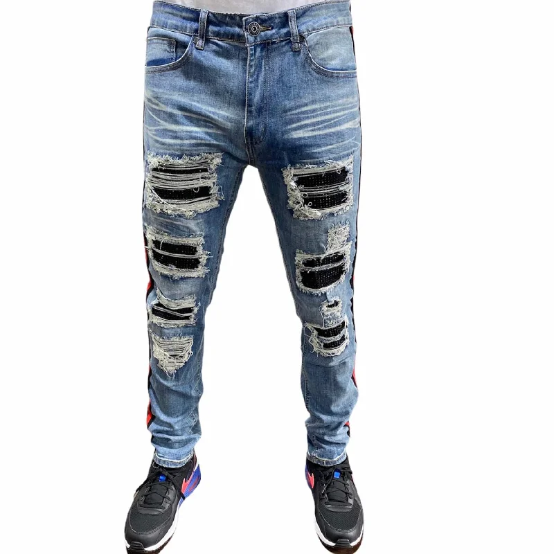 Waimea Rhinestones Patch Side Tape Denim Jeans (Blue Wash) M4963R1D Youthful Men's Pop